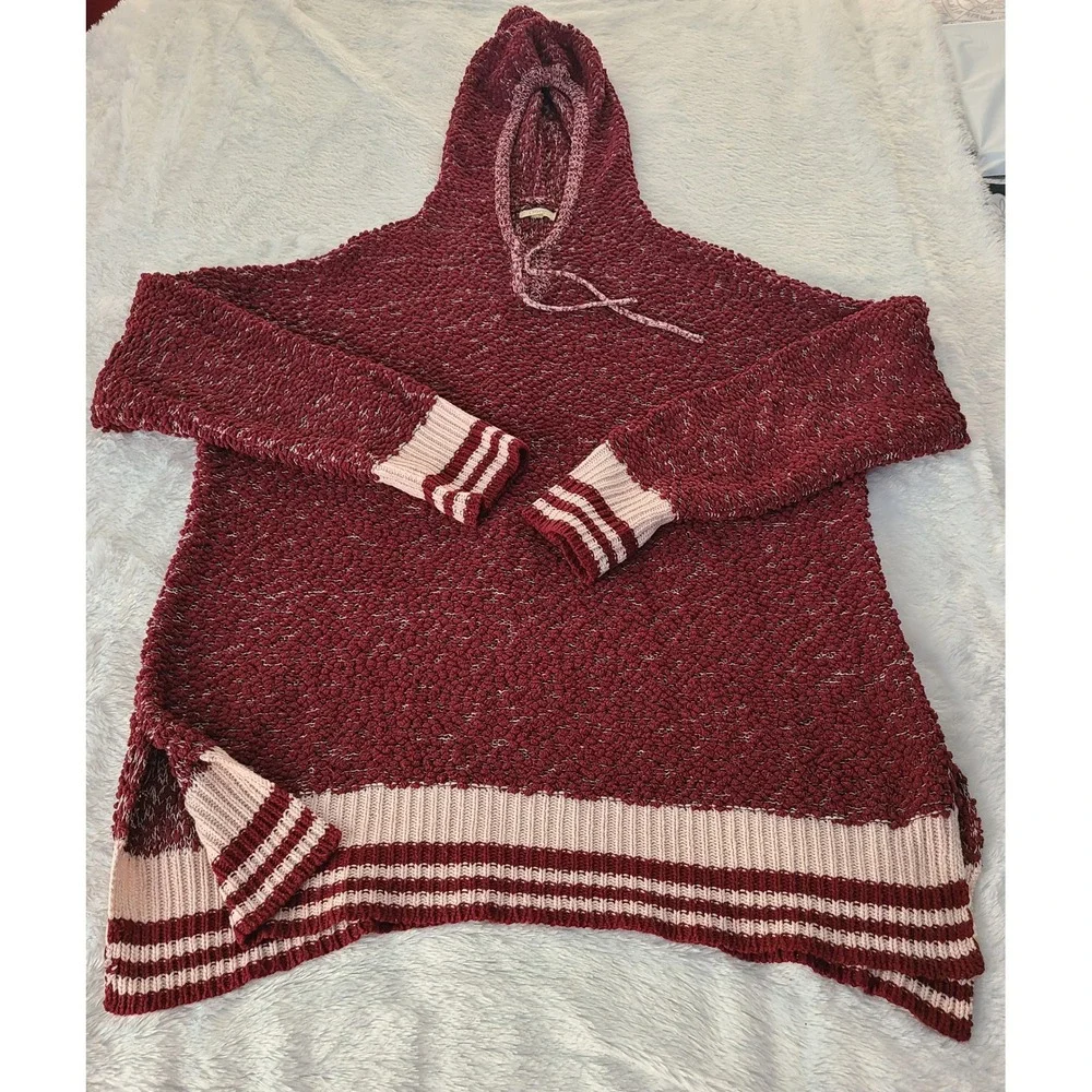 Oddi Burgundy Popcorn Knit Hoodie Varsity Stripe Pullover IT12309P 2XL 3XL - Picture 3 of 7